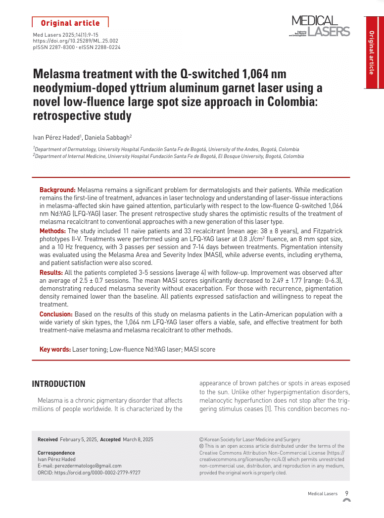 Behandeling van melasmapigment met een Q-switched 1.064 nm Nd:YAG-laser volgens een nieuwe low-fluencebenadering met grote spotgrootte: een retrospectieve studie in Colombia